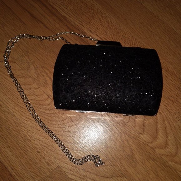 Black sparkle glitter silver chain purse clutch - Picture 1 of 8